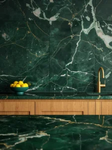 stunning kitchen with a book-matched deep jade green marble countertop