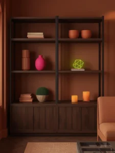 terracotta-toned living room with open dark walnut shelving