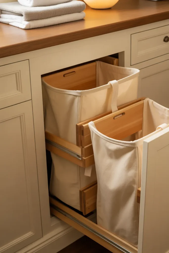 three pull-out canvas laundry bags on wooden slides, each slightly open