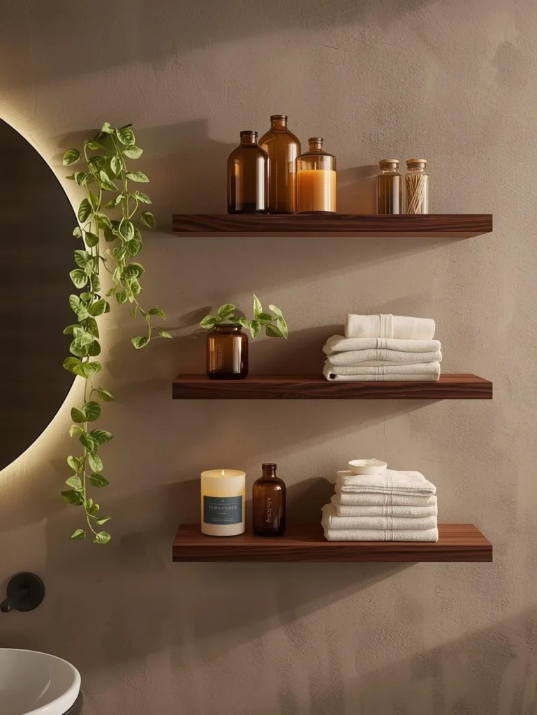 three slim floating walnut shelves