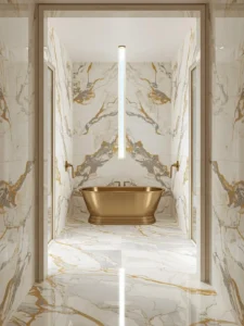 tiled in large format book-matched porcelain