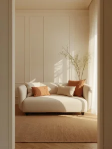 tiny apartment living room decorated in a complete warm monochromatic palette