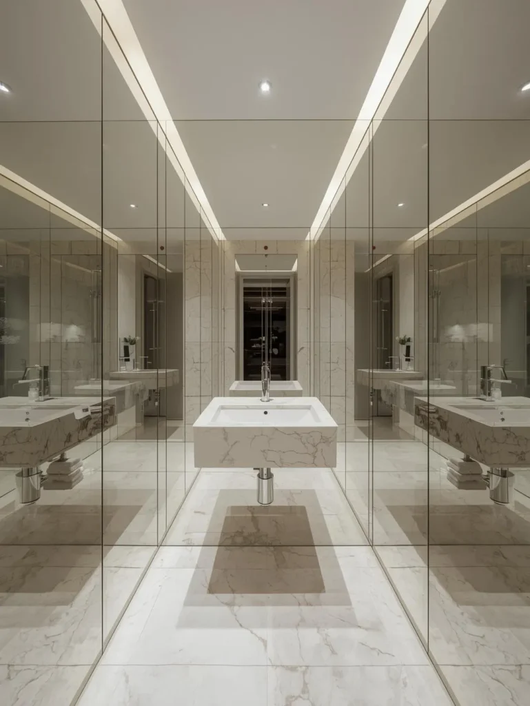 tiny bathroom with full mirrored wall illusion