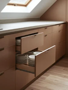 tiny kitchen with an entire run of floor-level deep handleless drawers