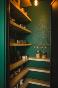 tiny pantry closet with deep emerald green textured wallpaper