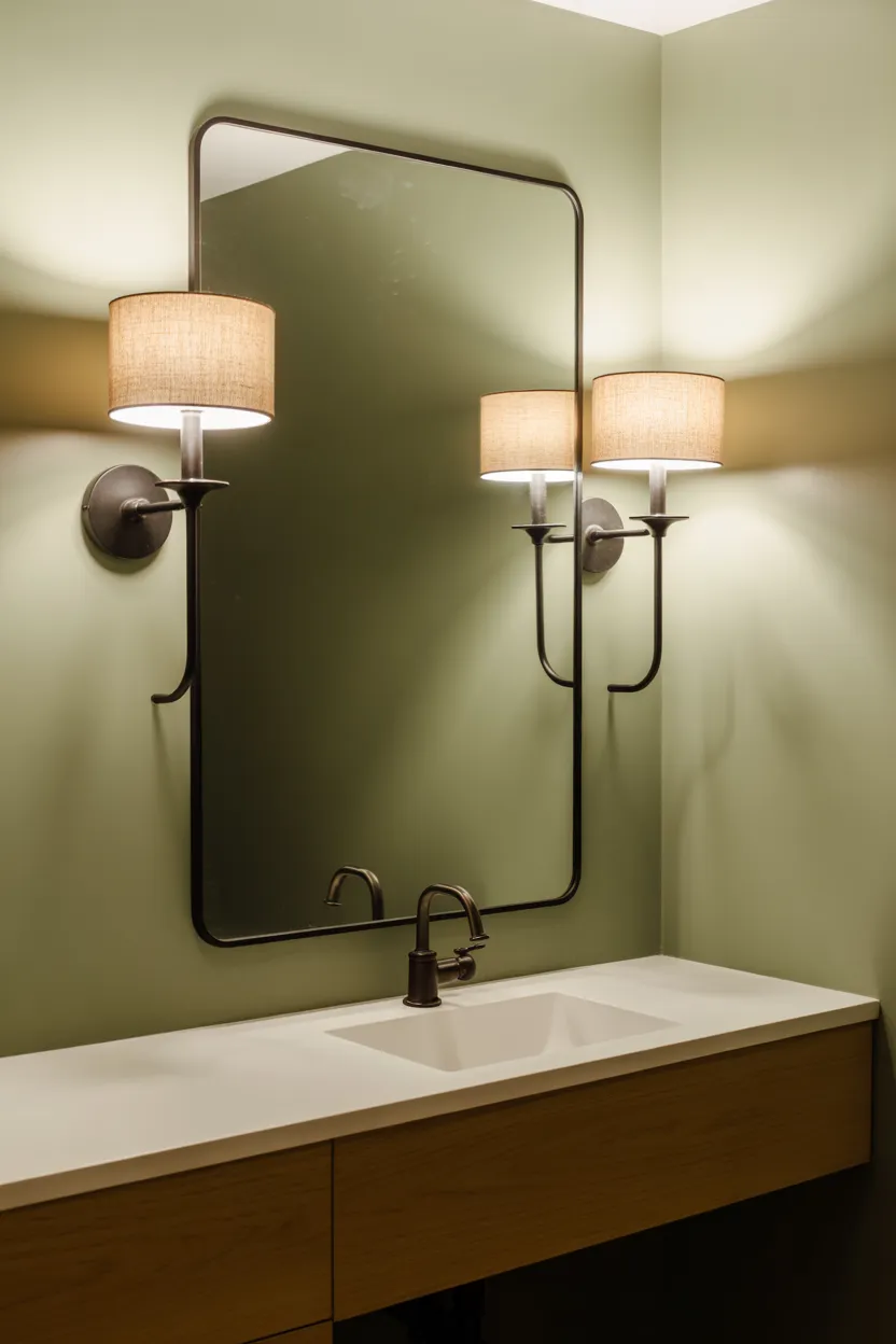 two matte black wall sconces symmetrically mounted on either side of a large rectangular frameless mirror