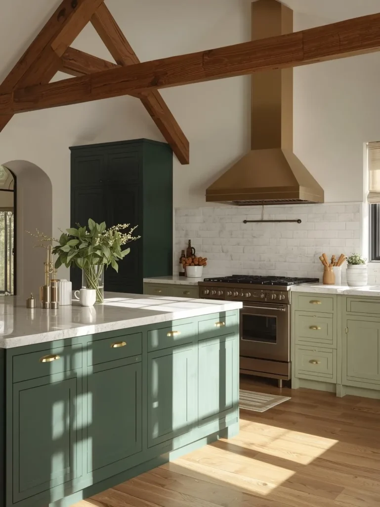 two-tone kitchen with deep hunter green lower cabinetry