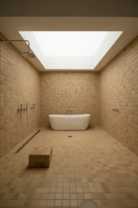 ull wet room master bathroom with continuous warm travertine tile