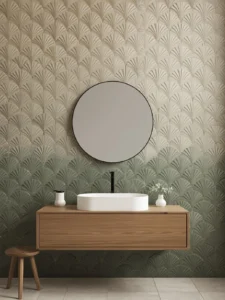 vanity entirely covered in scallop fan tiles