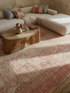 vast sun-faded Persian-style area rug in dusty rose and ivory tones