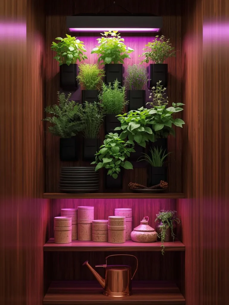 vertical herb wall inside a walk-in pantry