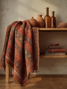 warm bohemian living room shelf