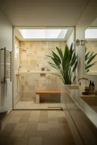 warm travertine tile covering floor and shower walls