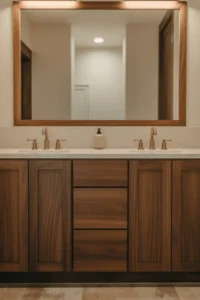 warm walnut wood double vanity cabinet with flat-panel doors