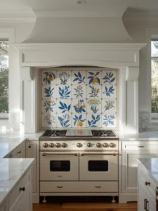 white kitchen with a single breathtaking hand-painted Portuguese