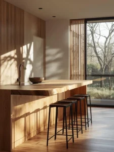 white oak live-edge breakfast bar extending from the island