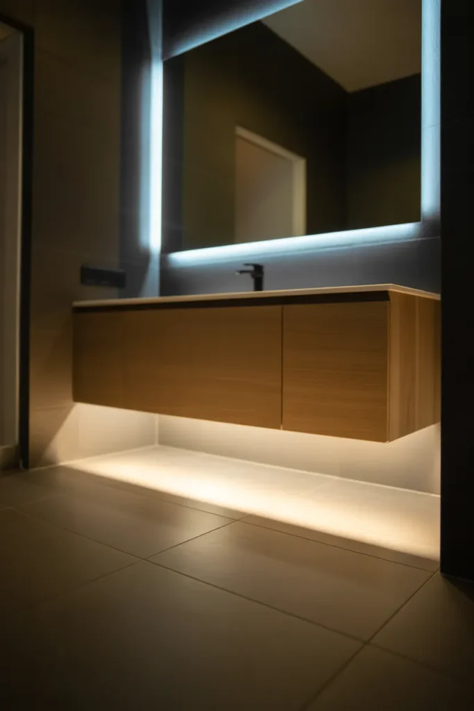 white oak vanity glowing softly from warm LED strip lights beneath it