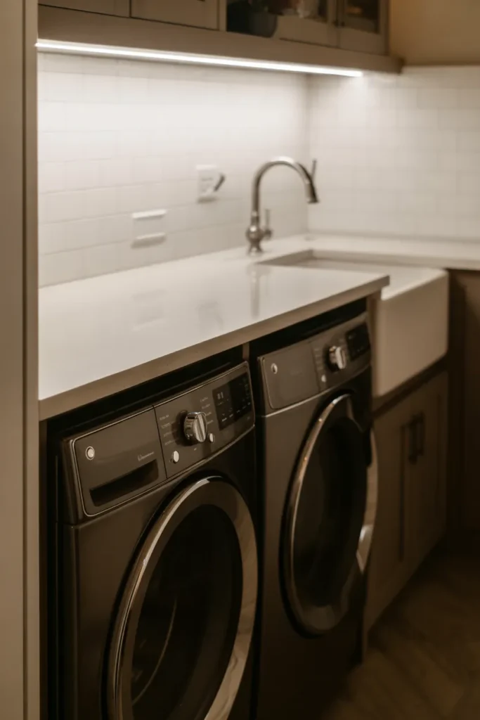 white quartz countertop over two matte black front-load appliances