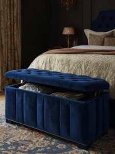 wide deep-sapphire blue velvet storage ottoman bench