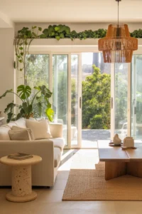 wide natural-light shot of a biophilic family room