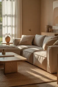 wide-angle shot of a spacious family room with warm greige walls