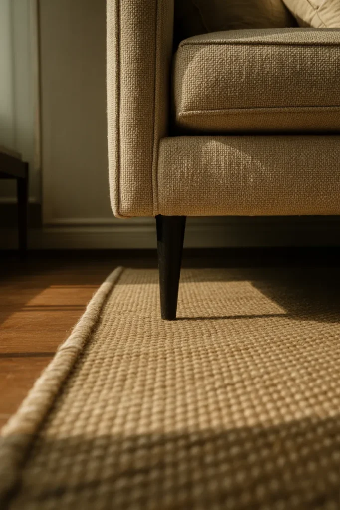 6×9 natural wool rug under the front legs of a linen sofa