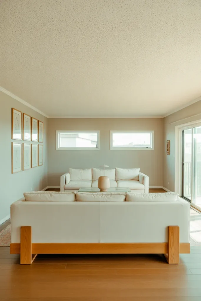A 1980s American home living room with 8-foot ceilings, fully renovated interior