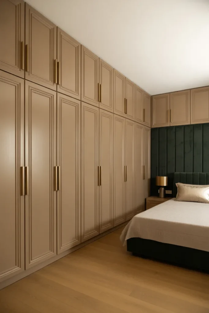 A Continuous Built-In Wardrobe Wall With Flush Panel Doors