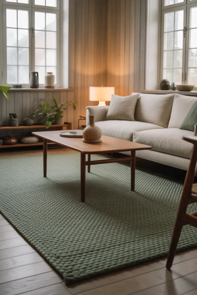 A Scandinavian living room with a large sage green textured wool rug