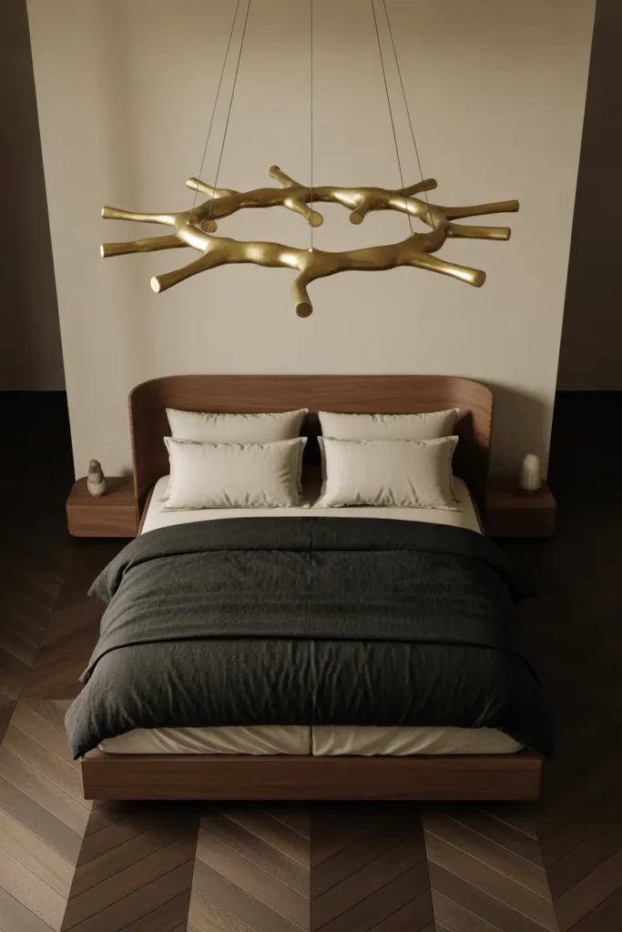 A Statement Chandelier Centered Over the Bed Instead of Ceiling Fan