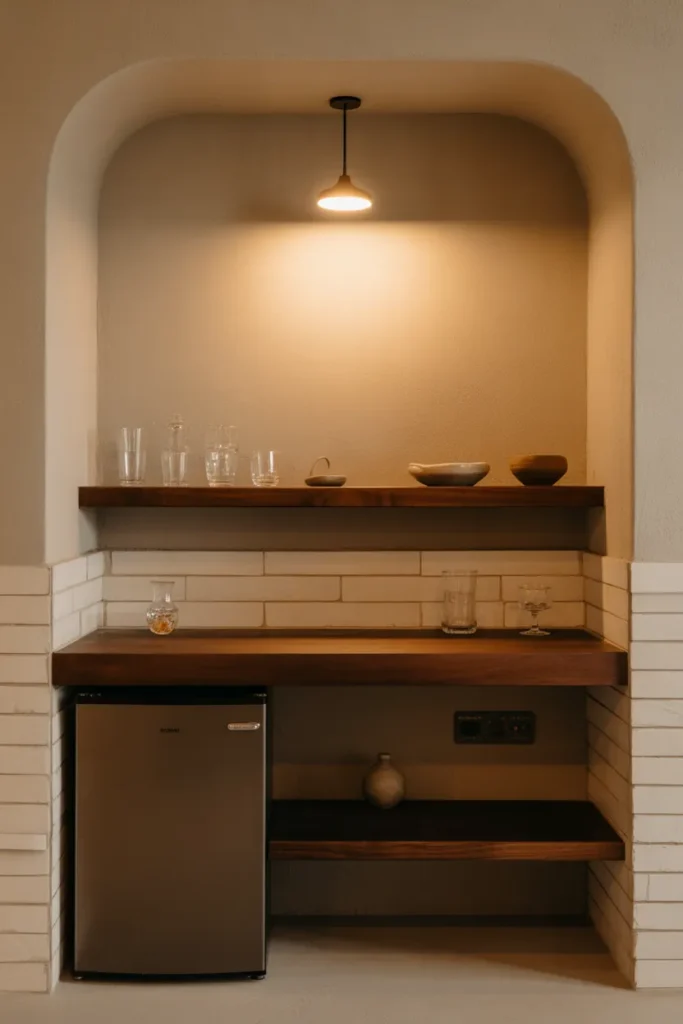 A basement bar nook with two tiers of floating black walnut shelves holding glassware and small ceramic objects.