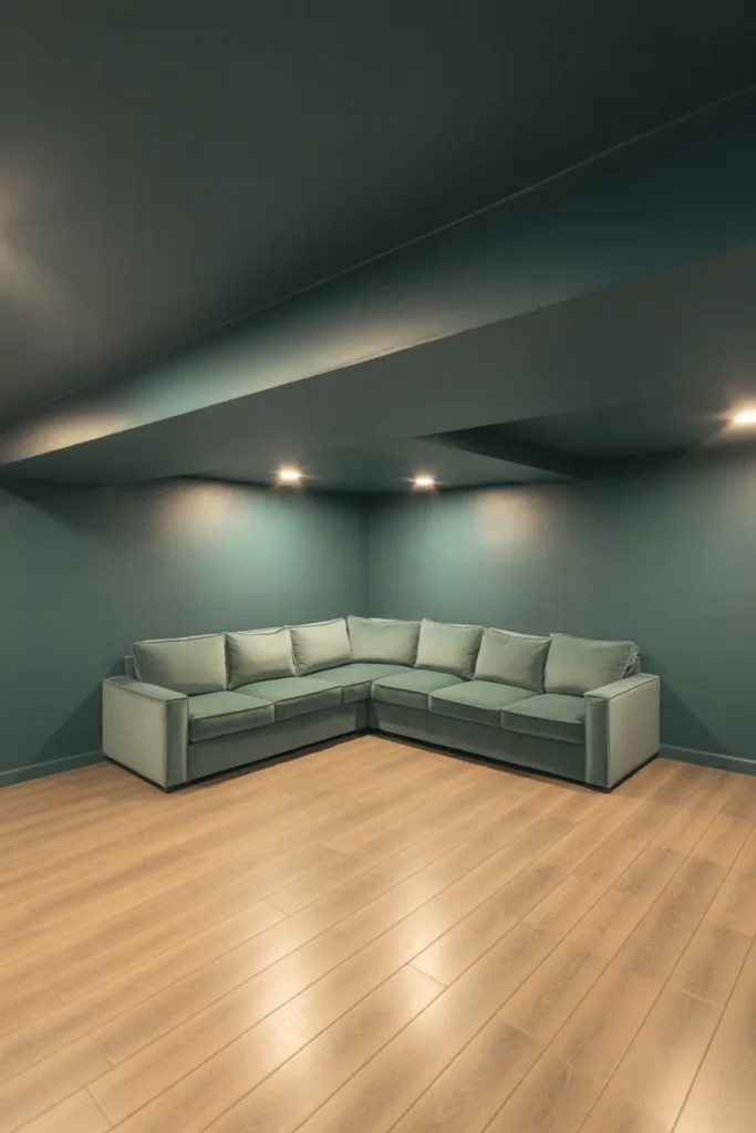 A basement living room with a 7.5-foot ceiling painted deep charcoal