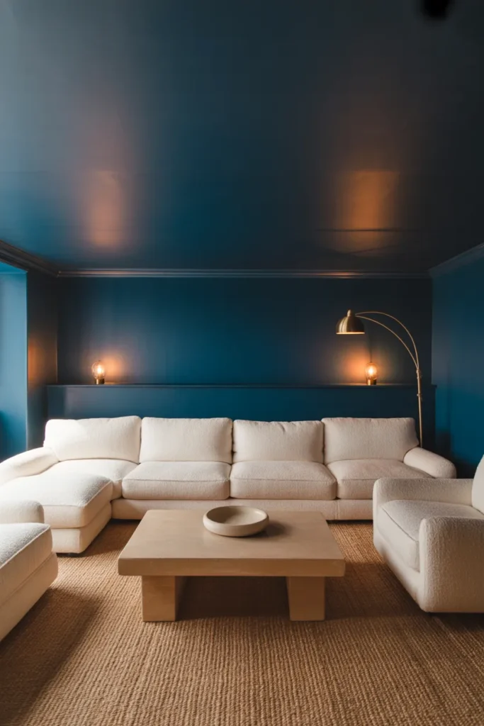 A basement lounge with deep navy walls and ceiling
