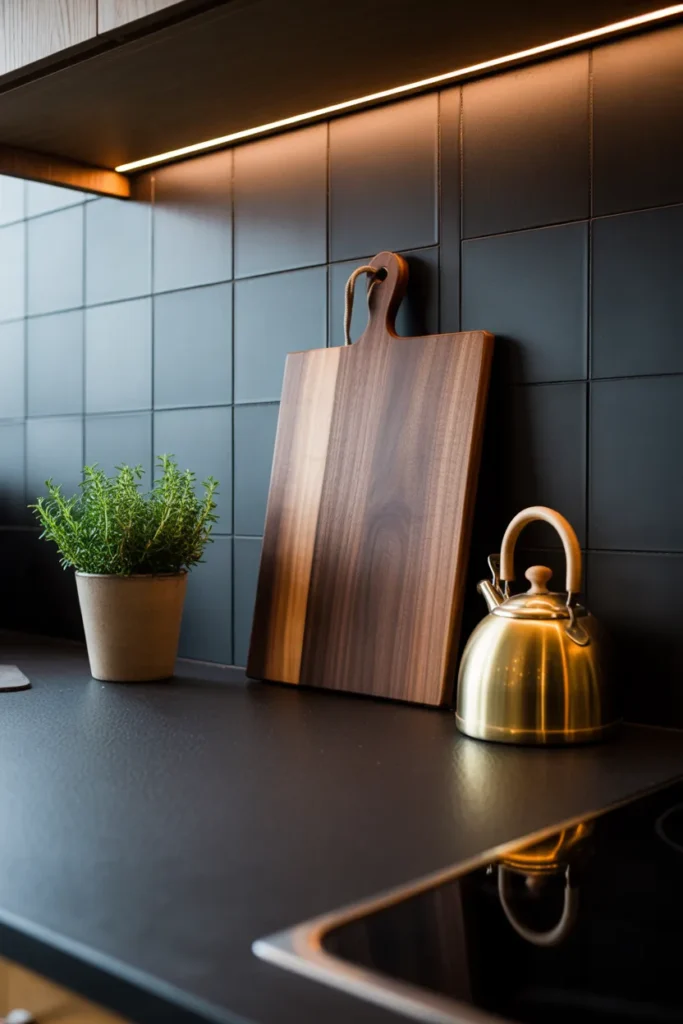 A beautifully styled black kitchen counter scene