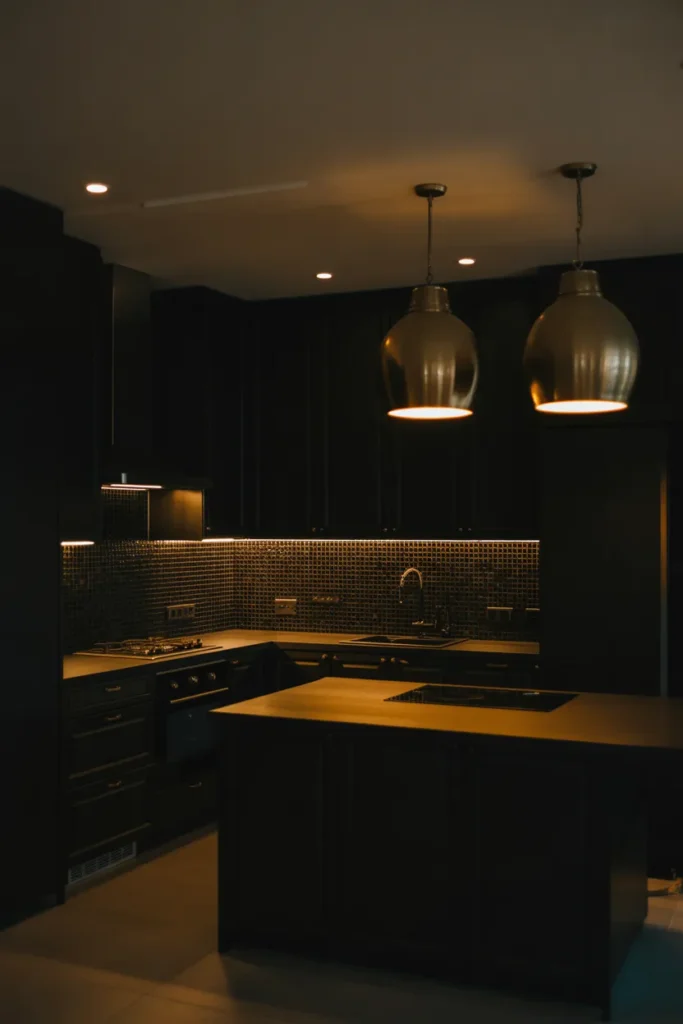 A black kitchen photographed at dusk
