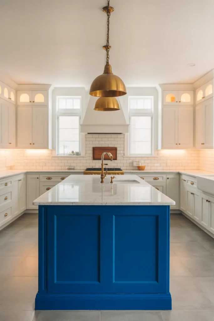 A bright American kitchen with white shaker perimeter cabinets and a large rectangular cobalt blue island