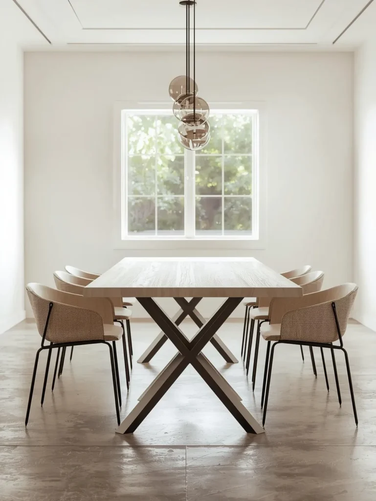 A bright, airy dining room with a rectangular white oak tabletop set