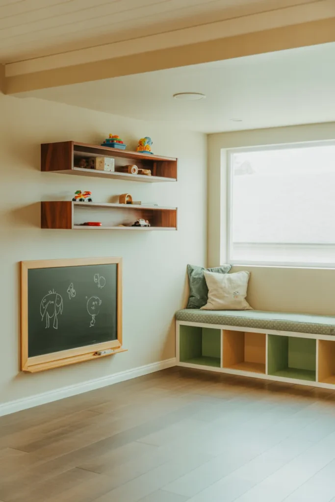 A bright basement playroom with warm white walls