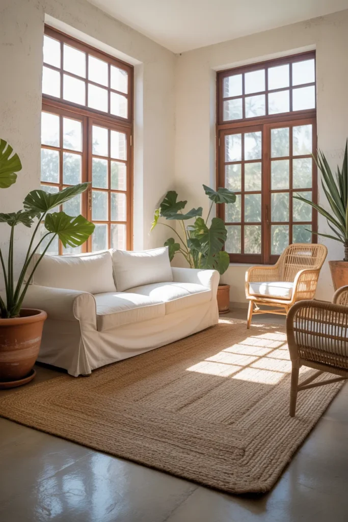 A bright living room with an oversized natural jute area rug