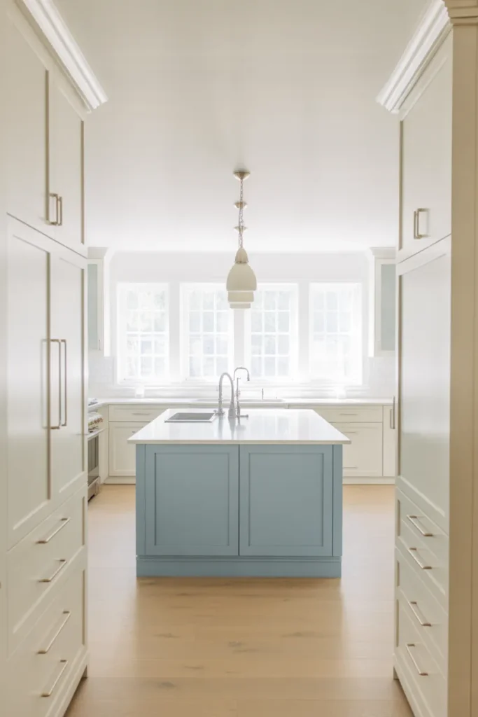 A central island with powder blue flat-panel cabinet doors and a thick white quartz waterfall countertop