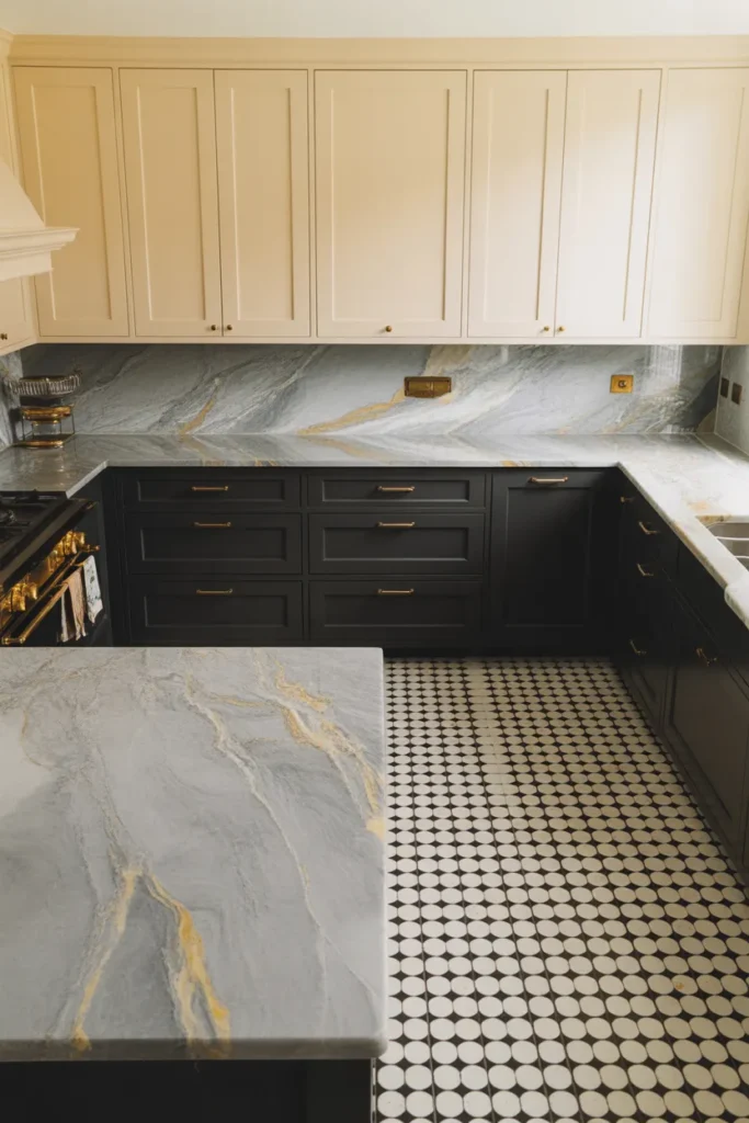 A classic-modern kitchen with matte black lower cabinets and warm cream upper cabinets