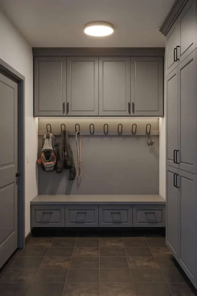 A compact but well-organized garage entry mudroom.