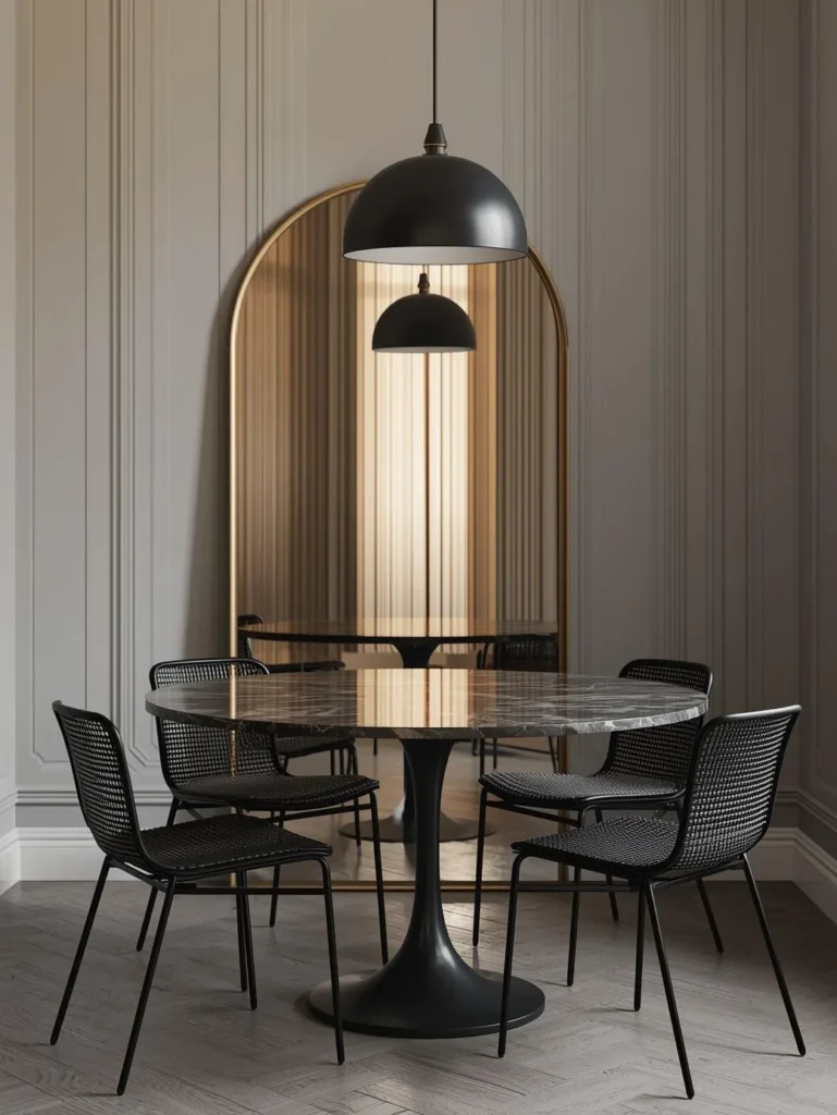 A compact dining room with a large arched mirror in a slim aged brass frame