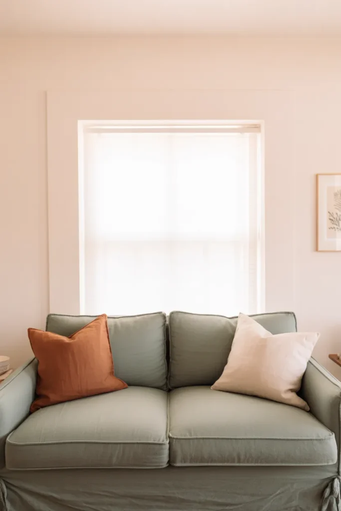 A compact living room centered on a dusty sage green sofa with a linen slipcover texture