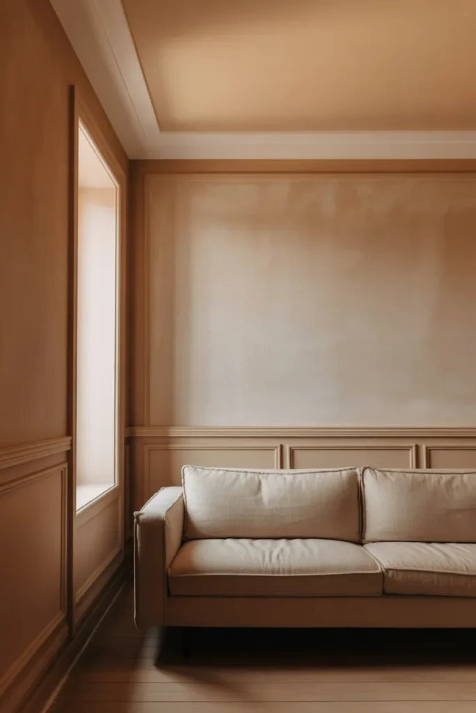 A compact living room with walls, trim, and ceiling all painted in warm greige