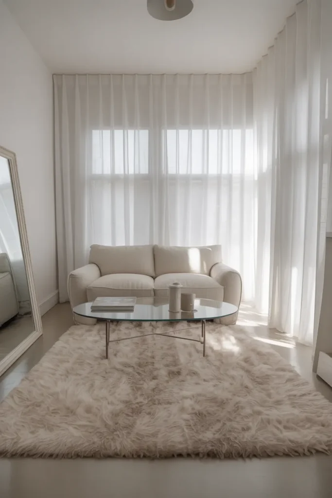 A compact north-facing living room with an all-white fluffy high-pile area rug