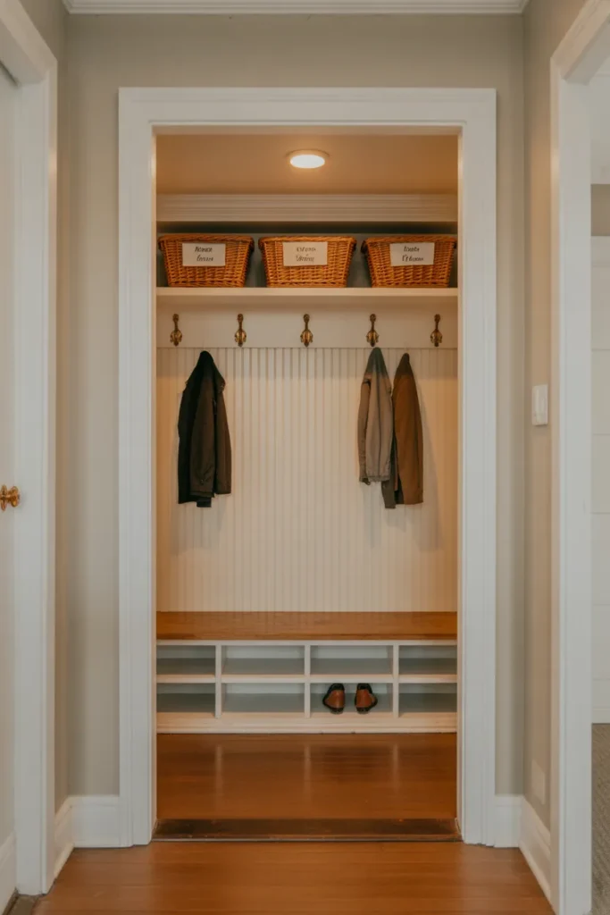 A converted coat closet mudroom alcove