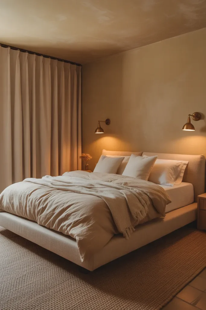 A cozy basement guest bedroom with clay-toned limewash walls