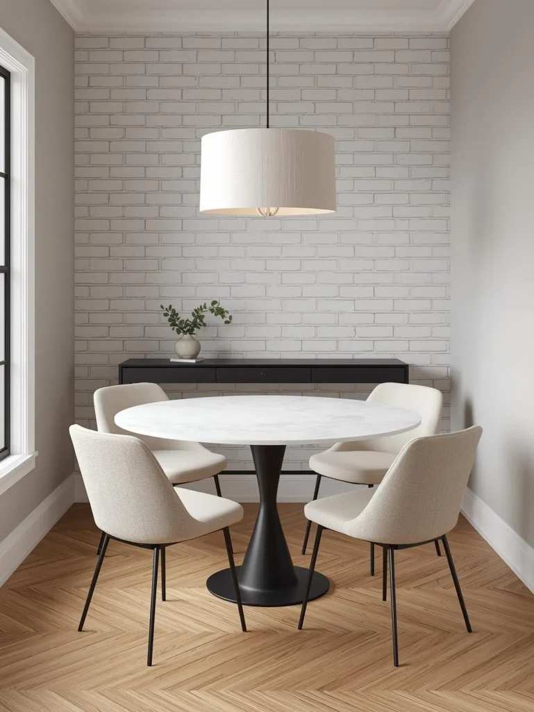A cozy dining nook with a full whitewashed brick feature wall behind the table
