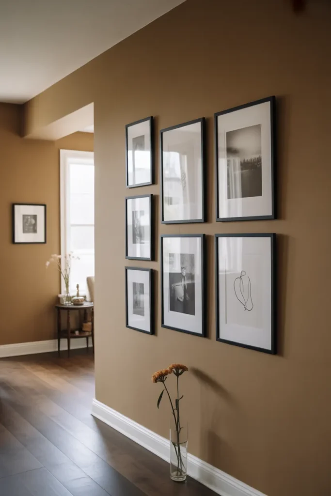 A curated gallery wall of 7 frames — all thin black frames